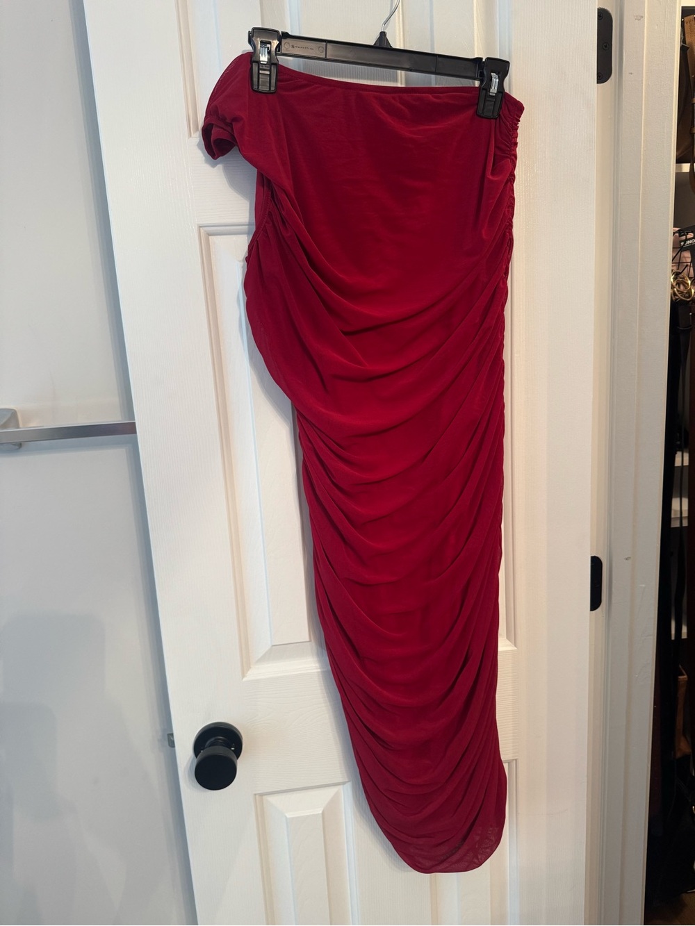 One-Shoulder Ruched Dress in Deep Red